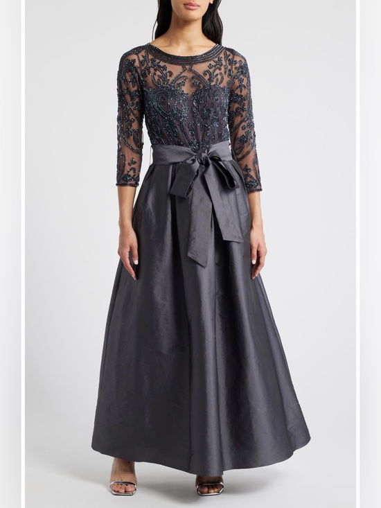 Pisarro Nights Dresses & Skirts - Pisarro Nights Beaded Illusion Neck Taffeta Gown Slate Size 16 NWT